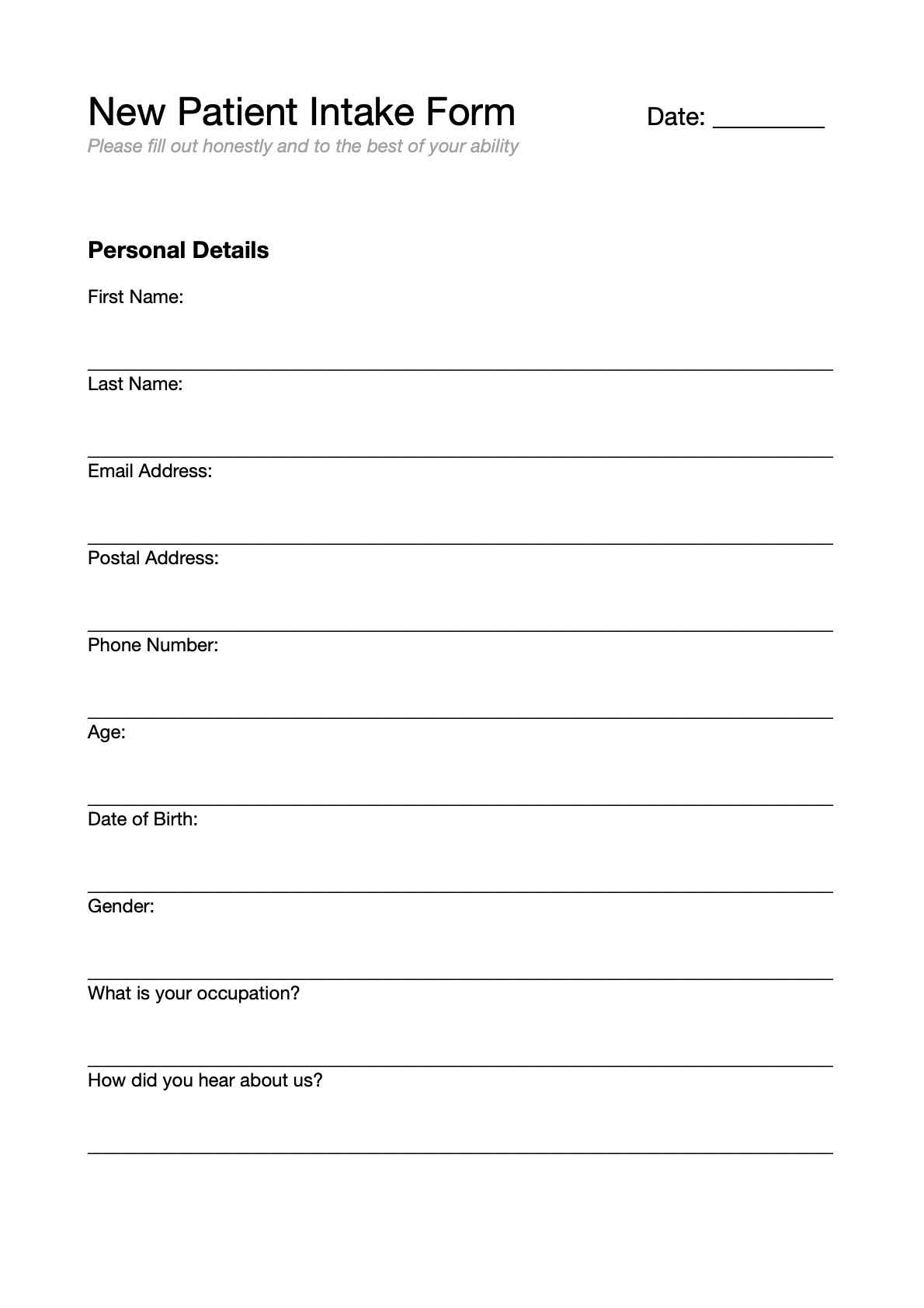 New Patient Intake Forms Printable 0269
